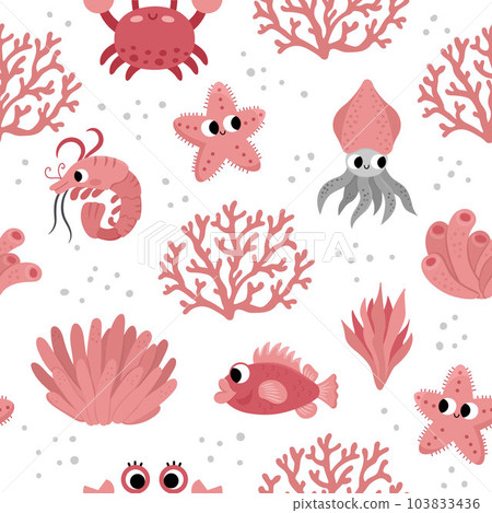 Vector under the sea seamless pattern. Repeat background with crab, starfish, squid, corals. Ocean life digital paper. Funny water animals and weeds illustration in pink color with cute fish Vector under the sea seamless pattern. Repeat background with crab, starfish, squid, corals. Ocean life digital paper. Funny water animals and weeds illustration in pink color with cute fish 103833436