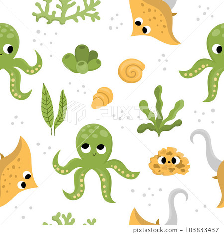 Vector under the sea seamless pattern. Repeat background with stingray, octopus, shells. Ocean life digital paper. Funny water animals and weeds illustration with cute fish Vector under the sea seamless pattern. Repeat background with stingray, octopus, shells. Ocean life digital paper. Funny water animals and weeds illustration with cute fish 103833437