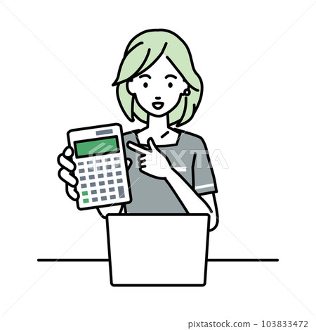 A woman who sits at a desk, opens a laptop, points to a calculator, and shows it towards us. A woman who sits at a desk, opens a laptop, points to a calculator, and shows it towards us. 103833472