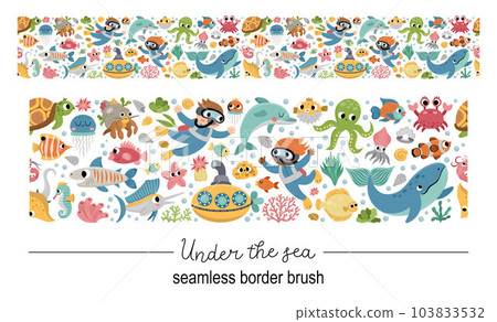 Vector under the sea seamless pattern border brush. Horizontal repeat background with cute fish, seaweeds, divers. Ocean life digital paper. Funny water animals and weeds texture 103833532