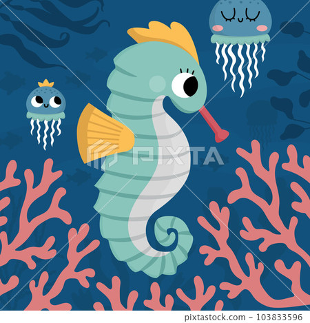 Vector under the sea landscape illustration with seahorse and corals. Ocean life scene with sand, seaweeds, reefs. Cute square water nature background. Aquatic picture for kids Vector under the sea landscape illustration with seahorse and corals. Ocean life scene with sand, seaweeds, reefs. Cute square water nature background. Aquatic picture for kids 103833596