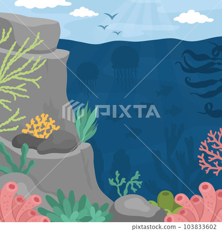 Vector under the sea landscape illustration. Ocean life scene with reef, seaweeds, stones, corals, fish, rocks. Cute square water nature background. Aquatic picture for kids with sky and sun 103833602