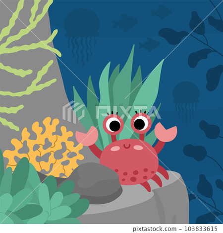 Vector under the sea landscape illustration with red crab on rock. Ocean life scene with reef, seaweeds, stones, corals, fish. Cute square water nature background. Aquatic picture for kids 103833615