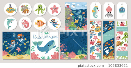 Cute under the sea cards set with seaweeds, fish, divers, submarine. Vector cartoon ocean life square, round, vertical print templates. Aquatic design for tags, postcards, ads with water animals Cute under the sea cards set with seaweeds, fish, divers, submarine. Vector cartoon ocean life square, round, vertical print templates. Aquatic design for tags, postcards, ads with water animals 103833621