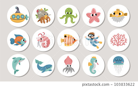 Cute under the sea round cards set with dolphin, whale, starfish, octopus. Vector ocean life highlight icons. Aquatic design for tags, ads, social media with diver, squid, hermit crab, jellyfish Cute under the sea round cards set with dolphin, whale, starfish, octopus. Vector ocean life highlight icons. Aquatic design for tags, ads, social media with diver, squid, hermit crab, jellyfish 103833622
