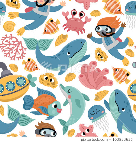 Vector under the sea seamless pattern. Repeat background with cute fish, seaweeds, divers, submarine. Ocean life digital paper. Funny water animals and weeds illustration with dolphin and whale 103833635