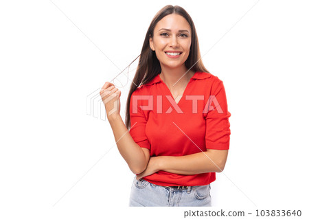 young smart brunette business lady in red t-shirt on white background with copy space 103833640