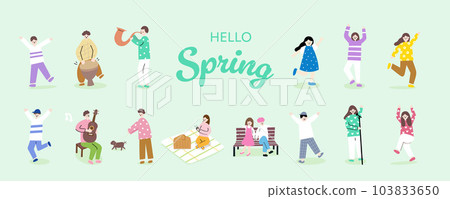 Crowd of people performing spring, fall outdoor activities- dog walking, singing, dancing, walking. Crowd of people performing spring, fall outdoor activities- dog walking, singing, dancing, walking. 103833650