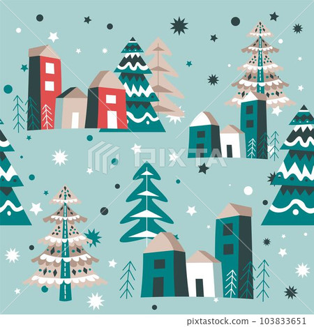 Pine trees covered with snow, homes and streets 103833651