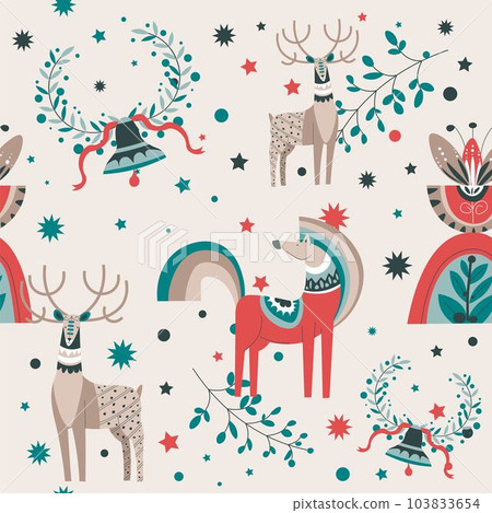 Winter theme, deer and horse, bells and foliage 103833654