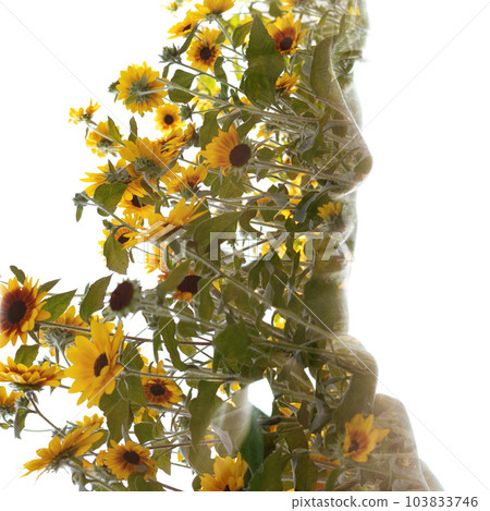 A colorful double exposure portrait of a man and yellow summer flowers A colorful double exposure portrait of a man and yellow summer flowers 103833746