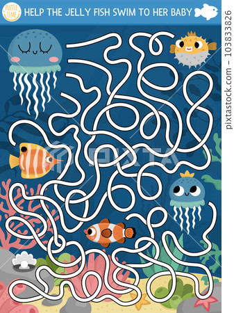 Under the sea maze for kids with marine landscape, jelly fish, clownfish, pearl. Ocean preschool printable activity. Water labyrinth game or puzzle. Help the jellyfish swim to her baby 103833826