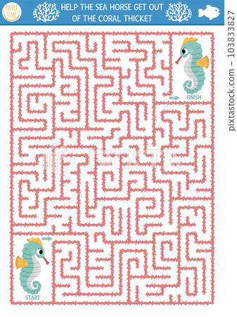 Under the sea geometrical maze for kids with seahorse. Ocean preschool printable activity. Water labyrinth game or puzzle. Help the sea horse get out of the coral thickest 103833827