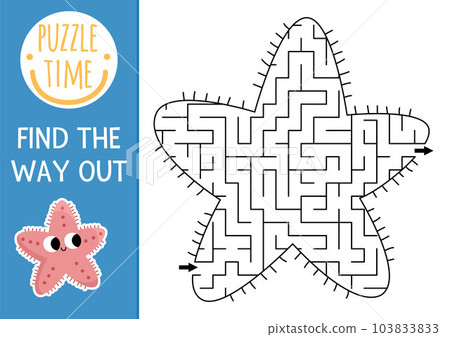 Under the sea geometrical maze for kids. Ocean preschool printable activity. Water starfish shaped labyrinth game or puzzle for children with fish 103833833
