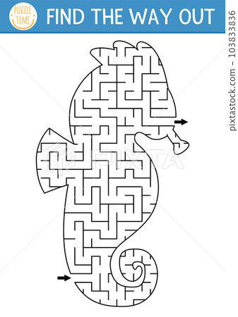 Under the sea geometrical maze for kids. Ocean preschool printable activity. Water seahorse shaped labyrinth game or puzzle for children with sea horse Under the sea geometrical maze for kids. Ocean preschool printable activity. Water seahorse shaped labyrinth game or puzzle for children with sea horse 103833836