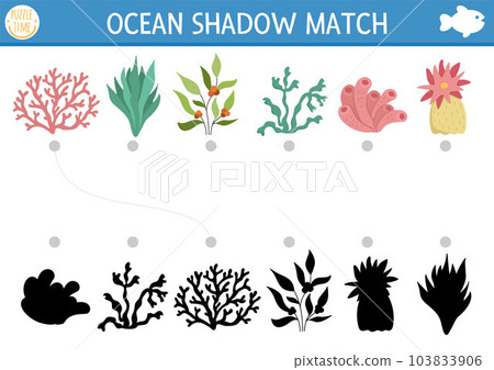 Under the sea shadow matching activity. Ocean puzzle with cute seaweeds. Find correct silhouette printable worksheet or game. Water plants page for kids 103833906