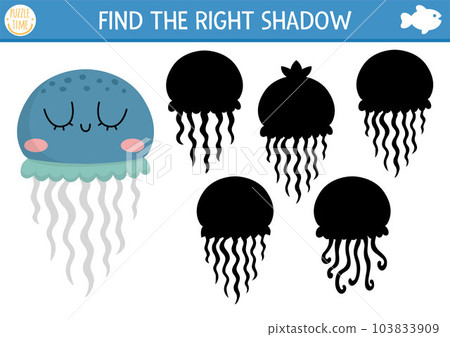 Under the sea shadow matching activity. Ocean puzzle with cute jellyfish. Find correct silhouette printable worksheet or game. Water animal page for kids with jelly fish 103833909