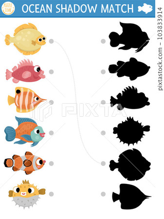 Under the sea shadow matching activity with fish. Ocean puzzle with cute flounder, bass, clownfish, blowfish. Find correct silhouette printable worksheet or game. Water animals page for kids 103833914