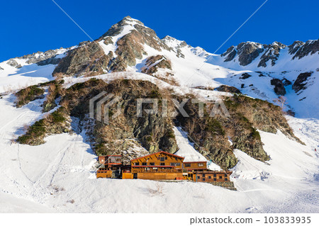 View from Karasawa Cirque in the Northern Alps: Karasawa Hut and Mt. Kitahotaka View from Karasawa Cirque in the Northern Alps: Karasawa Hut and Mt. Kitahotaka 103833935