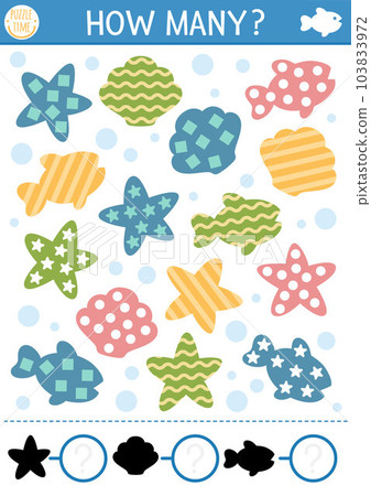 Counting and shape recognition game with cute starfish, seashell, fish. Math activity for preschool children. Under the sea simple printable worksheet. Ocean life educational puzzle for kids. 103833972
