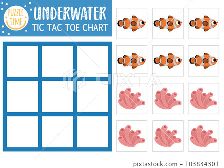 Vector under the sea tic tac toe chart with clownfish and anemone. Ocean life board game playing field with cute characters. Funny marine printable worksheet. Noughts and crosses grid 103834301