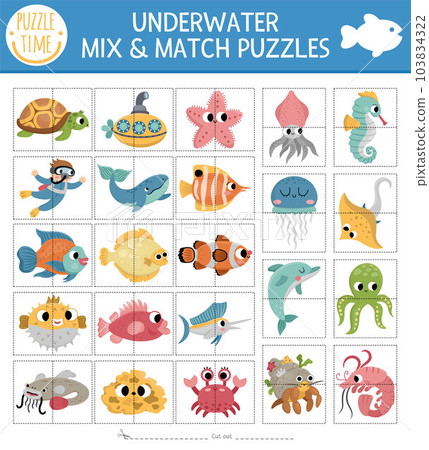 Vector big set of under the sea mix and match puzzle with cute characters. Matching ocean life activity for preschool kids. Educational printable game with turtle, submarine, diver, dolphin, seaweeds Vector big set of under the sea mix and match puzzle with cute characters. Matching ocean life activity for preschool kids. Educational printable game with turtle, submarine, diver, dolphin, seaweeds 103834322