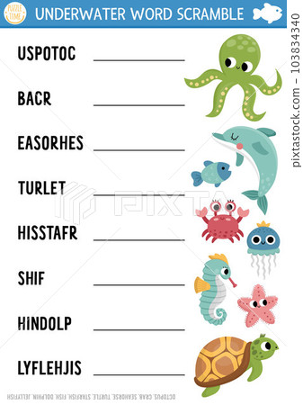 Vector under the sea word scramble activity page. English language game with octopus, dolphin, turtle, seahorse for kids. Ocean life family quiz with starfish and fish. Educational printable Vector under the sea word scramble activity page. English language game with octopus, dolphin, turtle, seahorse for kids. Ocean life family quiz with starfish and fish. Educational printable 103834340