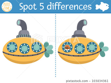 Find differences game for children. Under the sea educational activity with cute submarine. Ocean life puzzle for kids with water animal character. Underwater printable worksheet or page 103834361