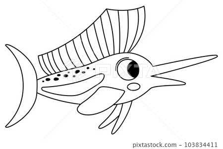 Vector black and white sailfish icon. Under the sea line illustration with cute funny fish with long nose. Ocean animal clipart. Cartoon underwater or marine clip art or coloring page for children Vector black and white sailfish icon. Under the sea line illustration with cute funny fish with long nose. Ocean animal clipart. Cartoon underwater or marine clip art or coloring page for children 103834411