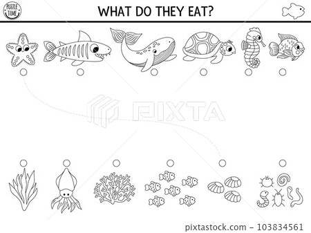 Under the sea black and white matching activity with cute fish, food. Water line puzzle with whale, turtle, shark. Match objects game. Feed animals printable worksheet. Ocean coloring page Under the sea black and white matching activity with cute fish, food. Water line puzzle with whale, turtle, shark. Match objects game. Feed animals printable worksheet. Ocean coloring page 103834561