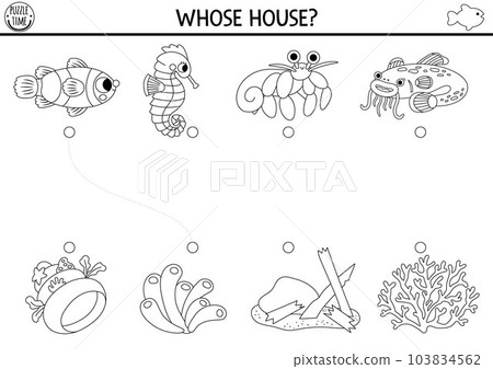 Under the sea black and white matching activity with cute fish and houses. Water line puzzle with clownfish, seahorse, catfish. Match objects game. Printable worksheet. Ocean coloring page 103834562