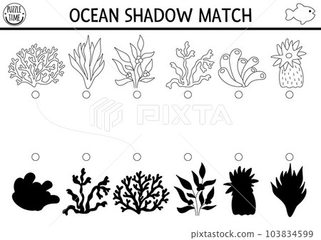 Under the sea black and white shadow matching activity. Ocean line puzzle with cute seaweeds. Find correct silhouette printable worksheet or game. Water plants coloring page for kids 103834599
