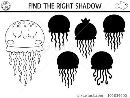 Under the sea black and white shadow matching activity. Ocean line puzzle with cute jellyfish. Find correct silhouette printable worksheet. Water animal coloring page for kids with jelly fish 103834600