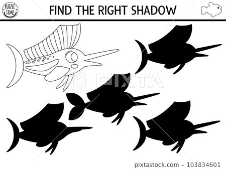 Under the sea black and white shadow matching activity. Ocean line puzzle with cute sailfish. Find correct silhouette printable worksheet. Water animal coloring page for kids with sail fish Under the sea black and white shadow matching activity. Ocean line puzzle with cute sailfish. Find correct silhouette printable worksheet. Water animal coloring page for kids with sail fish 103834601