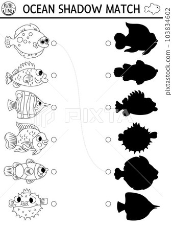 Under the sea black and white shadow matching activity with fish. Ocean line puzzle with cute flounder, bass, clownfish. Find correct silhouette printable worksheet. Water animals coloring page 103834602