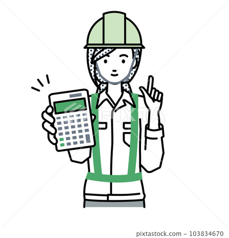 A woman at a construction site standing and holding a calculator and showing it to us 103834670