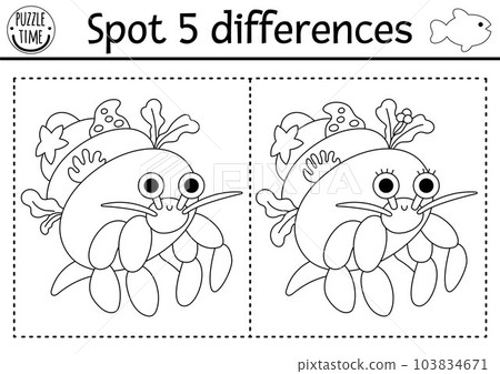 Find differences game for children. Under the sea black and white educational activity with cute hermit crab. Ocean life line puzzle for kids with water animal. Underwater printable coloring page Find differences game for children. Under the sea black and white educational activity with cute hermit crab. Ocean life line puzzle for kids with water animal. Underwater printable coloring page 103834671