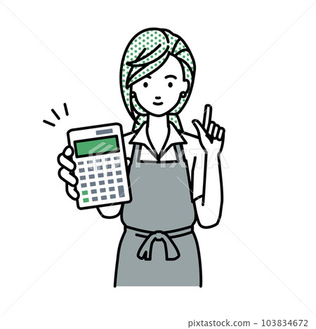 A clerk woman wearing an apron standing and holding a calculator 103834672
