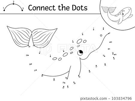 Vector dot-to-dot and color activity with cute whale. Under the sea connect the dots game for children with funny water animal. Ocean life coloring page for kids. Printable worksheet with fish 103834796