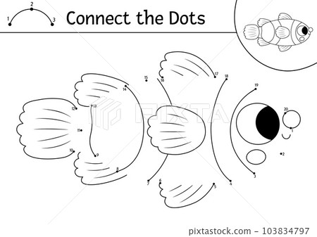 Vector dot-to-dot and color activity with cute clown fish. Under the sea connect the dots game for children with funny water animal. Ocean life coloring page for kids. Printable worksheet Vector dot-to-dot and color activity with cute clown fish. Under the sea connect the dots game for children with funny water animal. Ocean life coloring page for kids. Printable worksheet 103834797
