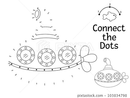 Vector dot-to-dot and color activity with cute submarine. Under the sea connect the dots game for children with funny boat. Ocean life coloring page for kids. Printable worksheet 103834798