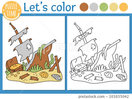 Under the sea coloring page for children with wrecked ship. Vector ocean life outline illustration with ruined boat. Color book for kids with colored example. Drawing skills printable worksheet Under the sea coloring page for children with wrecked ship. Vector ocean life outline illustration with ruined boat. Color book for kids with colored example. Drawing skills printable worksheet 103835042