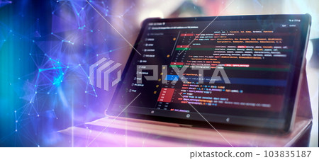 Notebook closeup photo. CSS, JavaScript and HTML usage. Monitor closeup of function source code. Abstract IT technology background. Software source code. 103835187