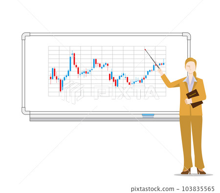 一位商人白人婦女在白板前做演示的插圖。股票圖表圖 一位商人白人婦女在白板前做演示的插圖。股票圖表圖 103835565