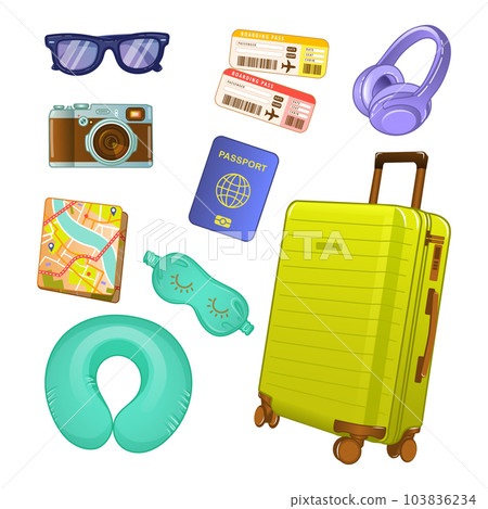Set of vector illustrations of travel and tourism accessories. Neck pillow, suitcase, passport,tickets,camera,sunglasses Set of vector illustrations of travel and tourism accessories. Neck pillow, suitcase, passport,tickets,camera,sunglasses 103836234