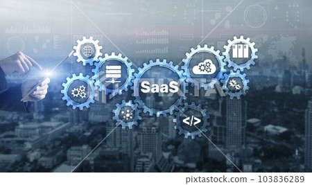 SaaS Software as a Service concept with hand pressing text 103836289