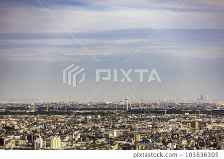 View of Gifu City, Ginan Town, and Ichinomiya City seen from Mt. Kinka in the evening 103836305