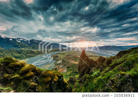 Dramatic volcanic mountain view from Valahnukur trail on summer in Highlands of Iceland at Thorsmork 103836911