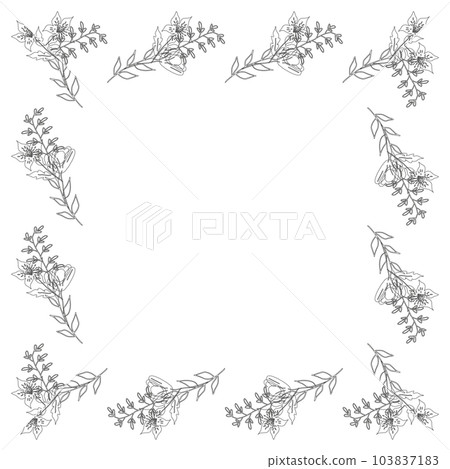 Template frame of spring flowers line art on a white background. Square. Floral design for wedding invitation, banner, poster. 103837183