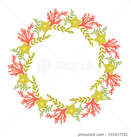 Frames made of summer elements white background. Algae, corals, starfish. A frame of marine elements. Design of a poster, banner, postcard. Vector illustration Frames made of summer elements white background. Algae, corals, starfish. A frame of marine elements. Design of a poster, banner, postcard. Vector illustration 103837202